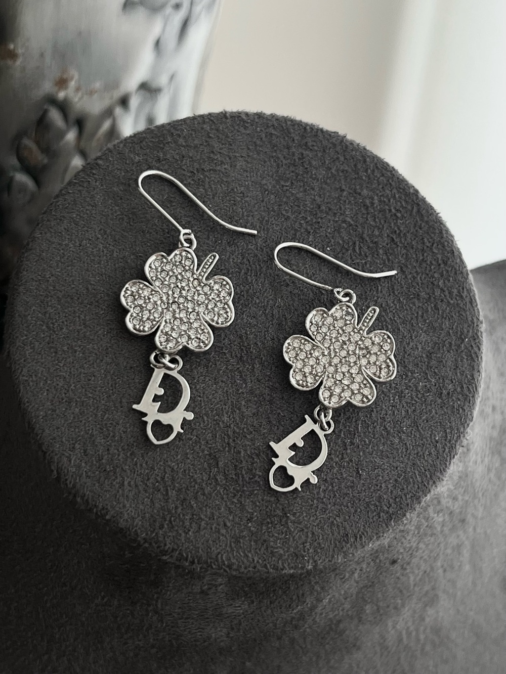 Authentic Vintage Dior Y2K J. Galliano Clover Flower Logo Dangle Silver Earrings